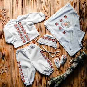 Baptism Set boy: hat, booties, shirt, pants, kryzhma. Ukrainian Baby Boy Costume. Children&#39;s folk cotton costume. Baby Cossak Outfit