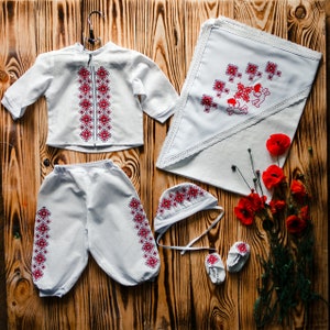 Baptism Set boy: hat, booties, shirt, pants, kryzhma. Ukrainian Baby Boy Costume. Children&#39;s folk cotton costume. Baby Cossak Outfit