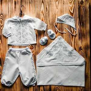 Ukrainian Baptism Set: hat, booties, shirt, pants, kryzhma. Ukrainian Baby Boy Christening Set. Vyshyvanka Newborn Outfit. Сhristening