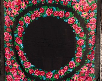 Zwarte grote wollen sjaal. Vintage folk sjaal, Oekraïense vierkante bloemen sjaal, zwarte sjaal hoofdband hoofddoek, babushka sjaal, cadeau