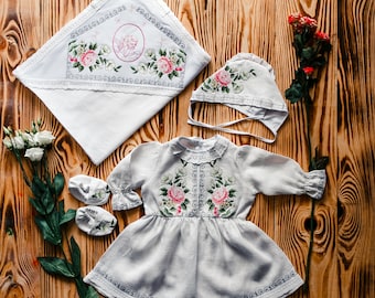 Baptism Set Girl: Embroidered dress, cap, booties, kryzhma. Ukrainian dresses for Baby girls. Children's folk cotton costume. 1st birthday.