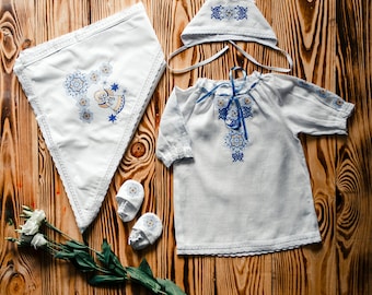 Baptism Set Girl: Embroidered dress, hat, booties, kryzhma. Ukrainian dresses for Baby girls. Children's folk cotton costume. 1st birthday.