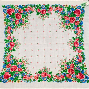 VINTAGE Wollschal. Ukrainischer quadratischer Blumenschal, weißer Schal Stirnband Kopftuch, Babuschka-Schal, Geschenk für sie