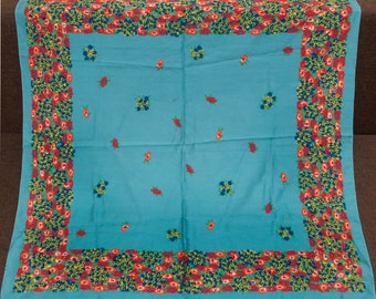 VINTAGE silk shawl. Ukrainian folk scarf, square floral scarf, Blue scarf headband Headscarf, gift for her, Christmas gift