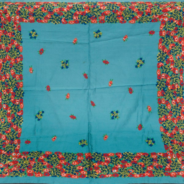 VINTAGE silk shawl. Ukrainian folk scarf, square floral scarf, Blue scarf headband Headscarf, gift for her, Christmas gift