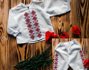 Ukrainian Newborn set: shirt, pants. Children's folk cotton costume. Baptismal set for baby. Embroidered Ukrainian Outfit