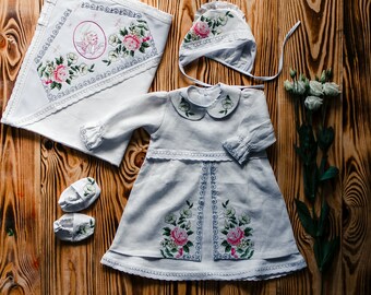 Newborn set Girl: Embroidered dress, cap, booties, kryzhma. Ukrainian dresses for Baby girls. Vyshyvanka Newborn Outfit.