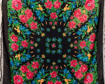 Zwarte grote wollen sjaal. Vintage folk sjaal, Oekraïense vierkante bloemen sjaal, zwarte sjaal hoofdband hoofddoek, babushka sjaal, cadeau