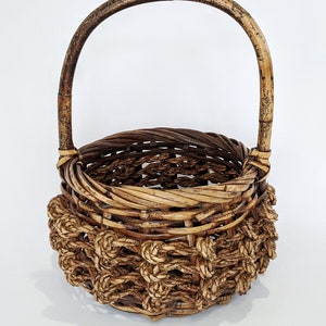 Basket Wicker Reed Round Basket Reed Rope Knots Curved Wood Handle Farmhouse Country Basket