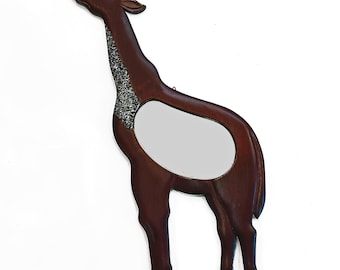 Mirror: Giraffe Wall Mirror–Mahogany Wood Silver Metal Trim–Oval Glass Insert