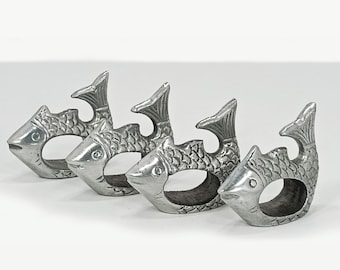 Napkin Rings: Silver Metal Fish Shapes–Vintage Set of 4