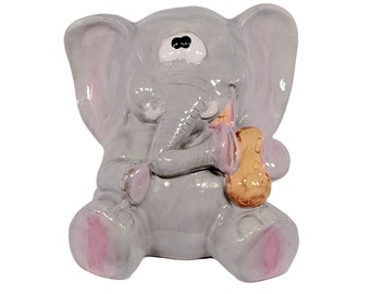 Bank: Elephant–Gray Ceramic–Coin Money Savings–Vintage Piggy Bank
