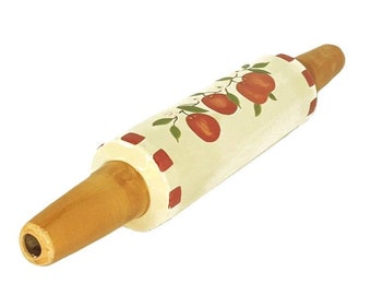 Rolling Pin: Red Apples–Ivory Ceramic Barrel–Handles–Vintage