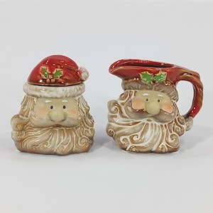 Creamer Sugar Christmas Santa Claus Old-Fashioned Pair Red Santa Caps Vintage Ceramic Rustic Holiday Creamer Sugar Table Set Farmhouse Decor
