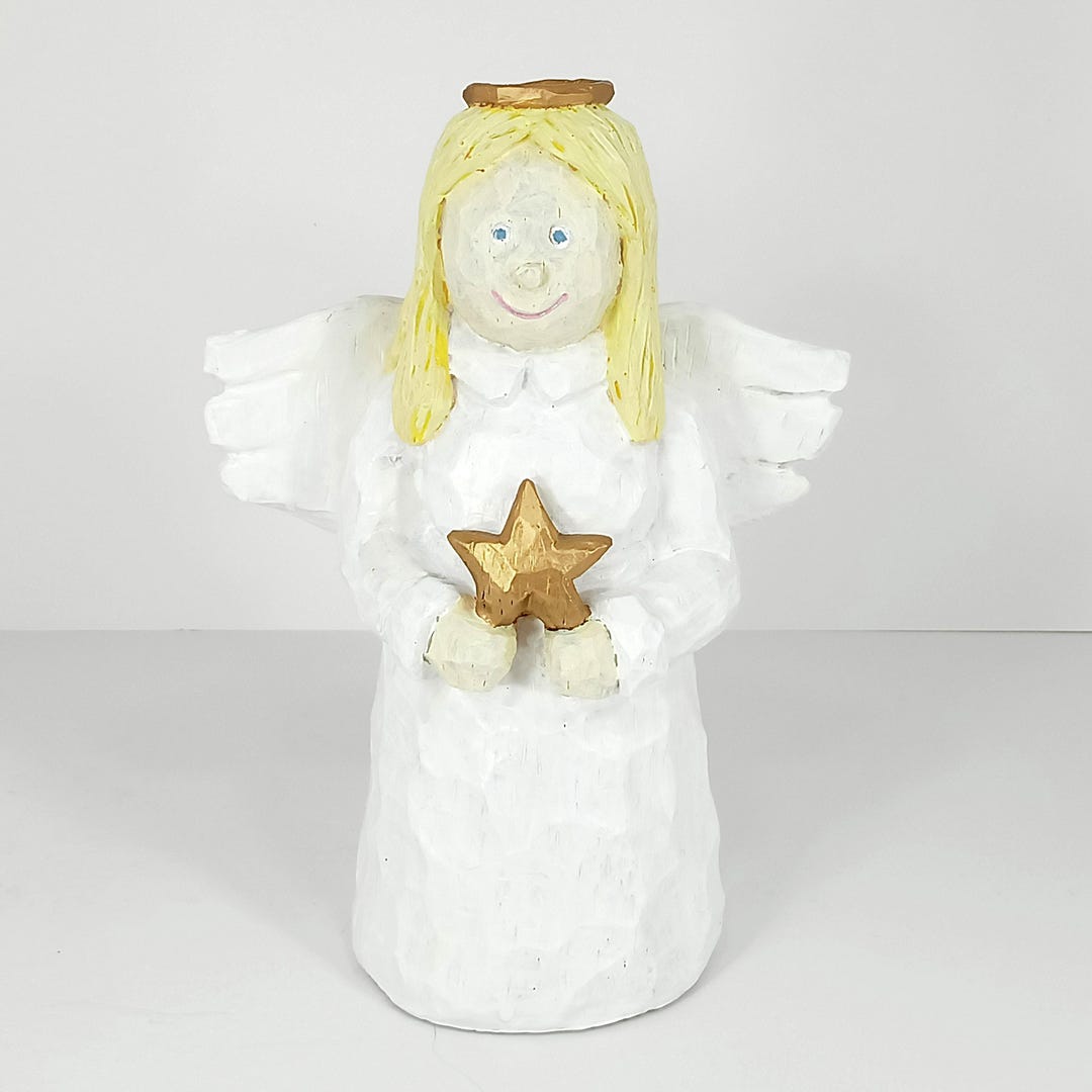 Figurine: Angel Gold Halo Star–carved Wood Look–vintage Hand Painted ...
