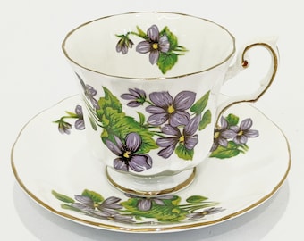 Teacup: "Blue Violet" English Cup Saucer–Bone China White Fluted Gold–Canadian Provincial Flowers