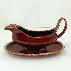 Gravy Boat Set: Hull© Pottery–Stoneware–Brown Drip Glaze–Vintage