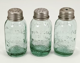 Salt Pepper Shakers: Miniature Mason Canning Jars–Clear Green Glass–Aluminum Tops–Vintage Set 3