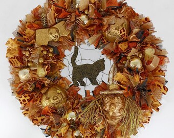 Wreath: Halloween–Black Cat–Tulle–Gold Witch Pumpkin Bat Spiders