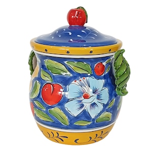Cookie Jar &quot;AMALFI&quot; Stoneware Canister Fruit Floral Blue Yellow Hand Painted Jar Leaf Handles Apple Knob Lid Seal Vintage Large Cookie Jar