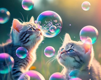 Puzzle: Cats 500 Pieces Jigsaw–"Mystical Morning"–Gray Tiger Kittens Bubbles