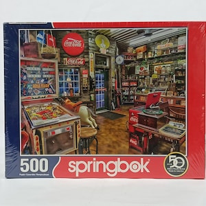 Puzzle Coca Cola "Good Nabor Store" 500 Pc Coke Old Time Store Pinball Cooler Candy Groceries Vintage Springbok® Jigsaw Puzzle Sealed Box
