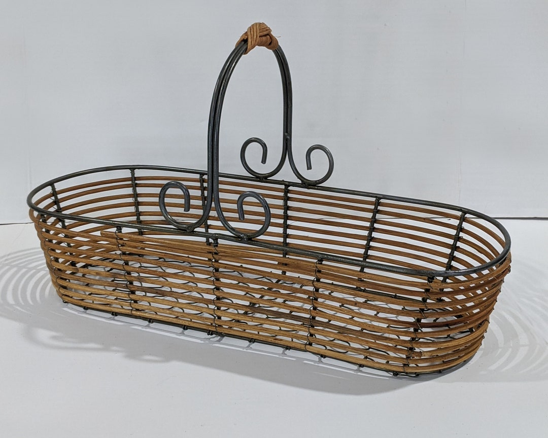 Basket Wire Wood Reed Oblong Bread Basket Wire Frame Handle Etsy
