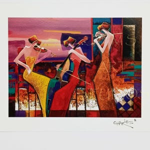 May include: Abstract painting of three figures playing stringed instruments. The figures are dressed in long gowns of yellow, red, and orange. The background features blocks of color in shades of purple, blue, and red.
