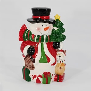 Cookie Jar Snowman Vintage Snowman Cookie Canister Snowman Tree Puppy Birdhouse Gifts Hand Painted Ceramic Christmas Holiday Gift Cookie Jar
