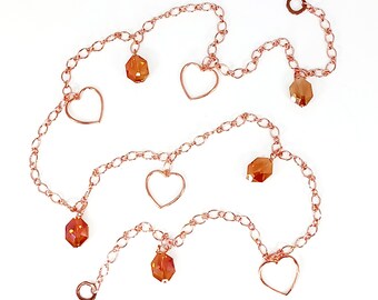 Garland: Mini Chain–Miniature Copper Charms–Hearts Amber Beads–36-Inches