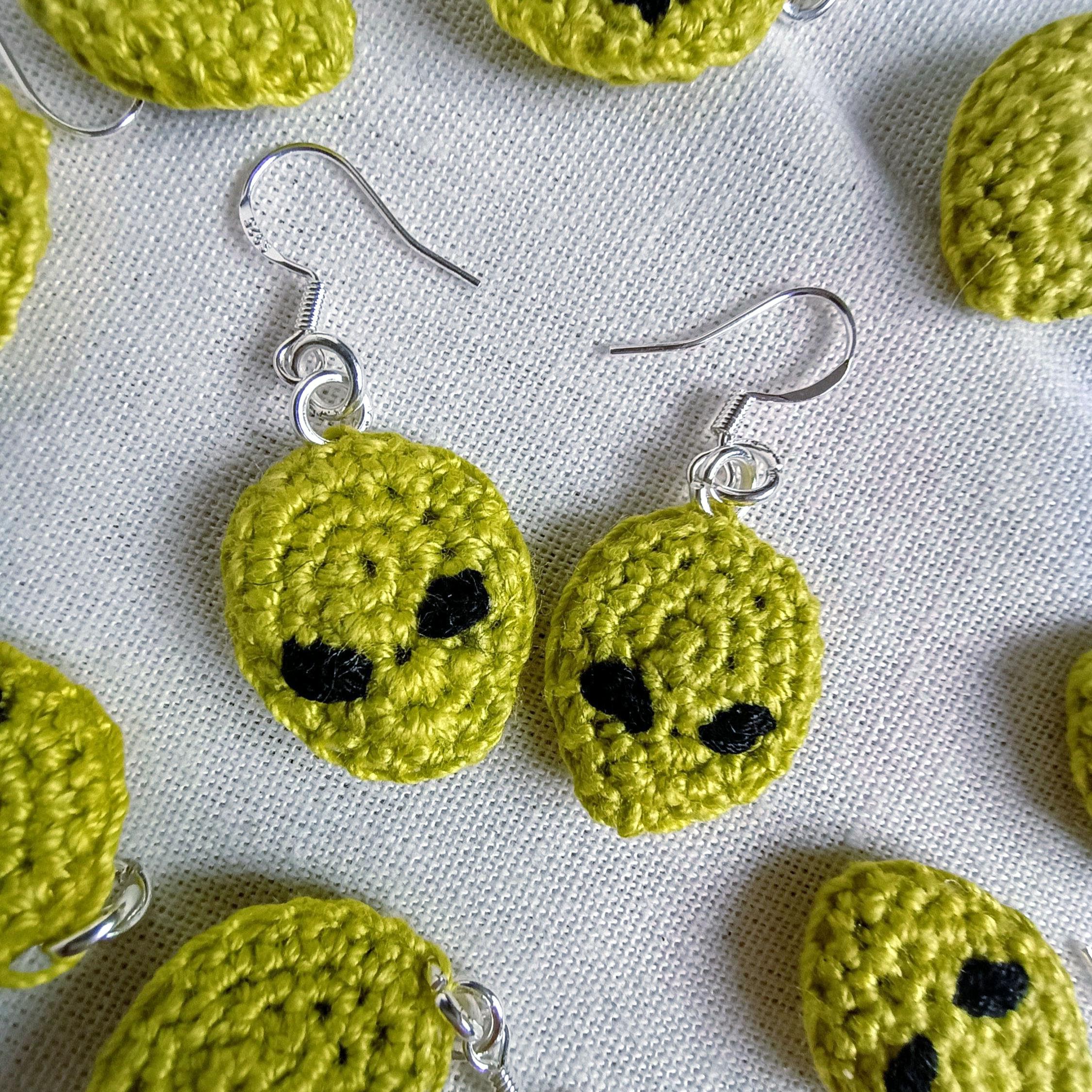 Alien Crochet Earrings: Sterling Silver, Green Cotton Lace