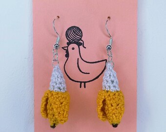 Banana Crochet Earrings: Sterling Silver, Cotton Lace - Handmade