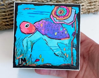 4x4 Sea Turtle Art Block, Mixed Media, Hand-Sanded, Sealed and Signed by Artist