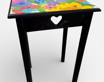 Painted Side Accent Table with Floral Artwork, Colorful Flower Painting, Heart Cut Outs and Signed by Artist