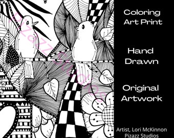 Digital Download of Coloring Page for Adults or Kids, Zentangle Inspired Artwork with Birds, Collage Paper or Mixed Media Art