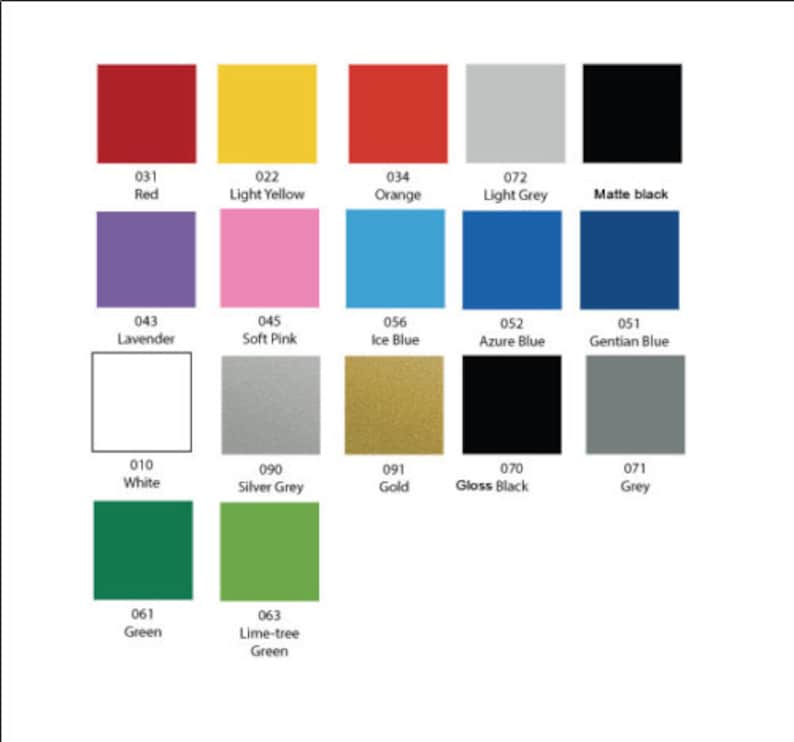 May include: Color chart with 14 different colors, including red, orange, yellow, green, blue, purple, pink, white, black, grey, silver, gold, and lavender. Each color is labeled with a number and a name.
