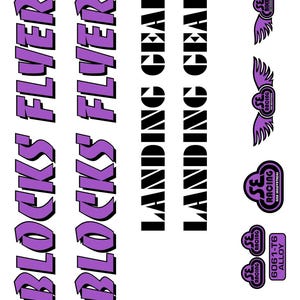 May include: A white background with various black and purple text and logos. The text includes "BLOCKS FLYER" and "LANDING GEAR". Logos feature the words "SE RACING" and "SE BIKES". The image also includes "6061-T6 ALLOY".