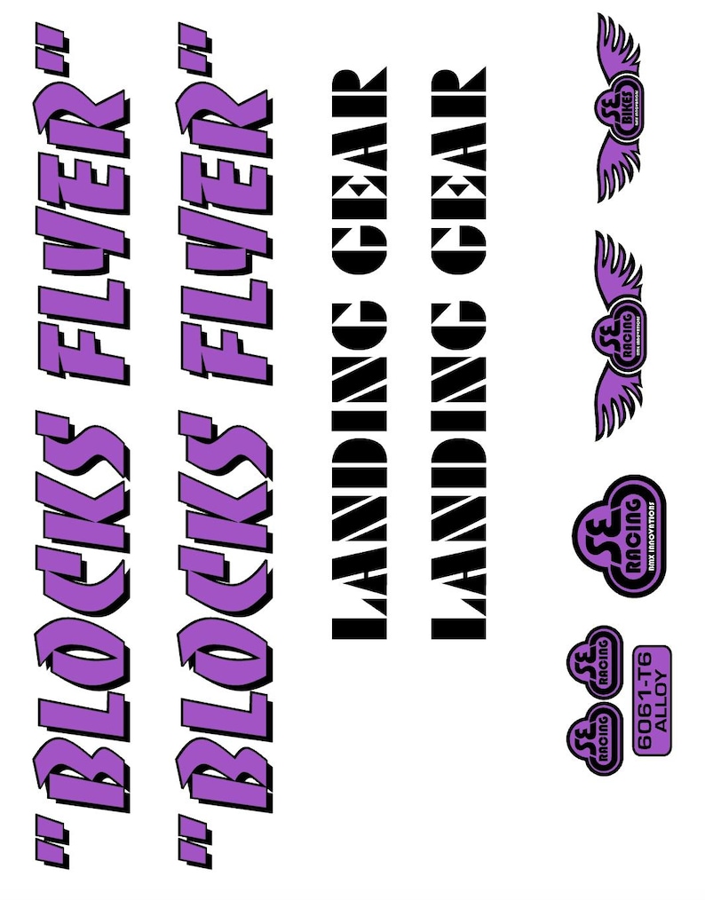 May include: A white background with various black and purple text and logos. The text includes "BLOCKS FLYER" and "LANDING GEAR". Logos feature the words "SE RACING" and "SE BIKES". The image also includes "6061-T6 ALLOY".