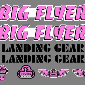 May include: A set of vinyl decals featuring the text BIG FLYER in pink with black outlines, LANDING GEAR in black, and various SE Racing logos in pink and black, including winged designs and a 6061-T6 ALLOY label, all arranged on a gray background.