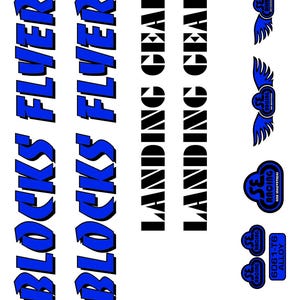 May include: A white background with various blue and black text graphics. The text includes "BLOCKS FLYER", "LANDING GEAR", and "SE RACING". There are also several small logos with wings and the text "SE BIKES".