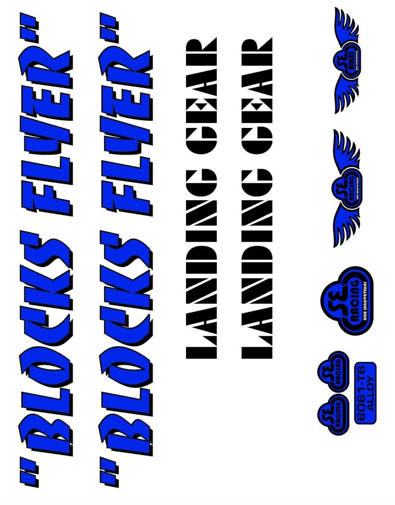 May include: A white background with various blue and black text graphics. The text includes "BLOCKS FLYER", "LANDING GEAR", and "SE RACING". There are also several small logos with wings and the text "SE BIKES".