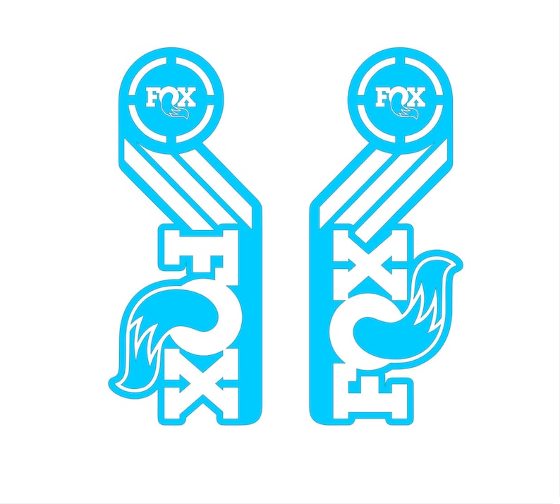 May include: A pair of blue and white decals with the word "FOX" and a stylized fox tail design.