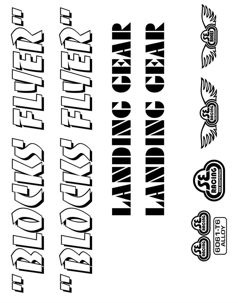 May include: Black and white graphic design featuring the text "BLOCKS FLYER" and "LANDING GEAR". Also includes SE Racing logos and "6061-T6 ALLOY" text. The design is suitable for stickers or decals.
