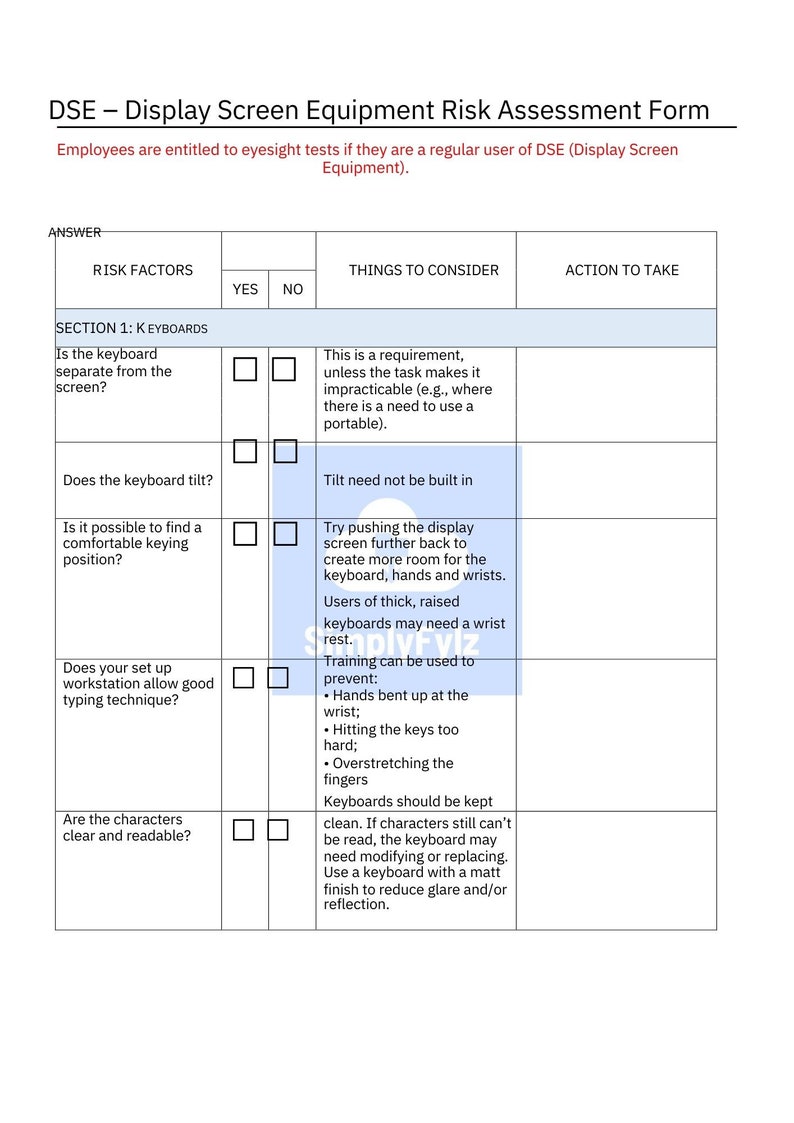 DSE Display Screen Equipment Risk Assessment Template. Etsy