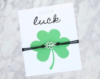 Good Luck Bracelet, Wish Black String Bracelet, Four Leaf Clover Bracelet, Friendship Bracelet, Lucky Charm Gift, Gift for Friend