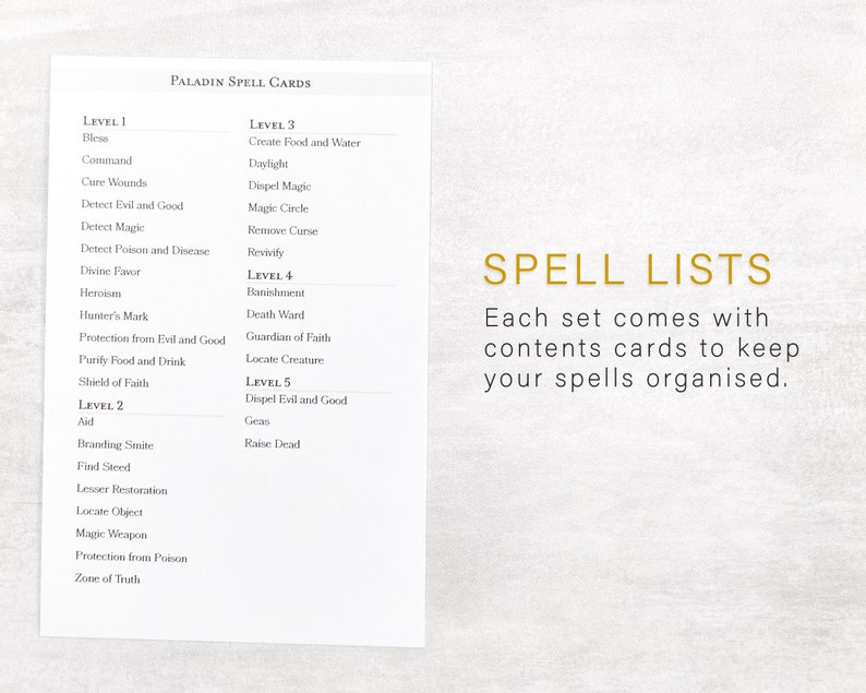 Paladin Spell Cards 5e Basic Rules Level 1 to Level 5 | Etsy