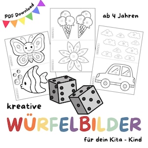 Puede incluir: Un conjunto de páginas para colorear en blanco y negro para niños, con imágenes de una mariposa, un pez, conos de helado, una flor, nubes, un coche y dados. El texto "PDF Download" y "ab 4 Jahren" son visibles.