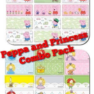 Paquete combinado Peppa y Princess: 60 pegatinas con nombres personalizados, a prueba de agua, apto para lavavajillas, botella de agua, pegatinas con nombres para lonchera