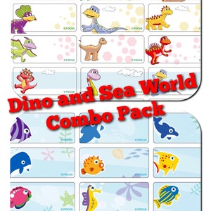 Dino en Sea World combo pack - 60 gepersonaliseerde naamstickers, waterdicht, vaatwasmachinebestendig, waterfles, lunchbox naamstickers