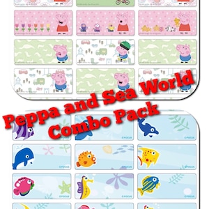 Peppa en Sea World combo pack - 60 gepersonaliseerde naamstickers, waterdicht, vaatwasmachinebestendig, waterfles, lunchbox naamstickers